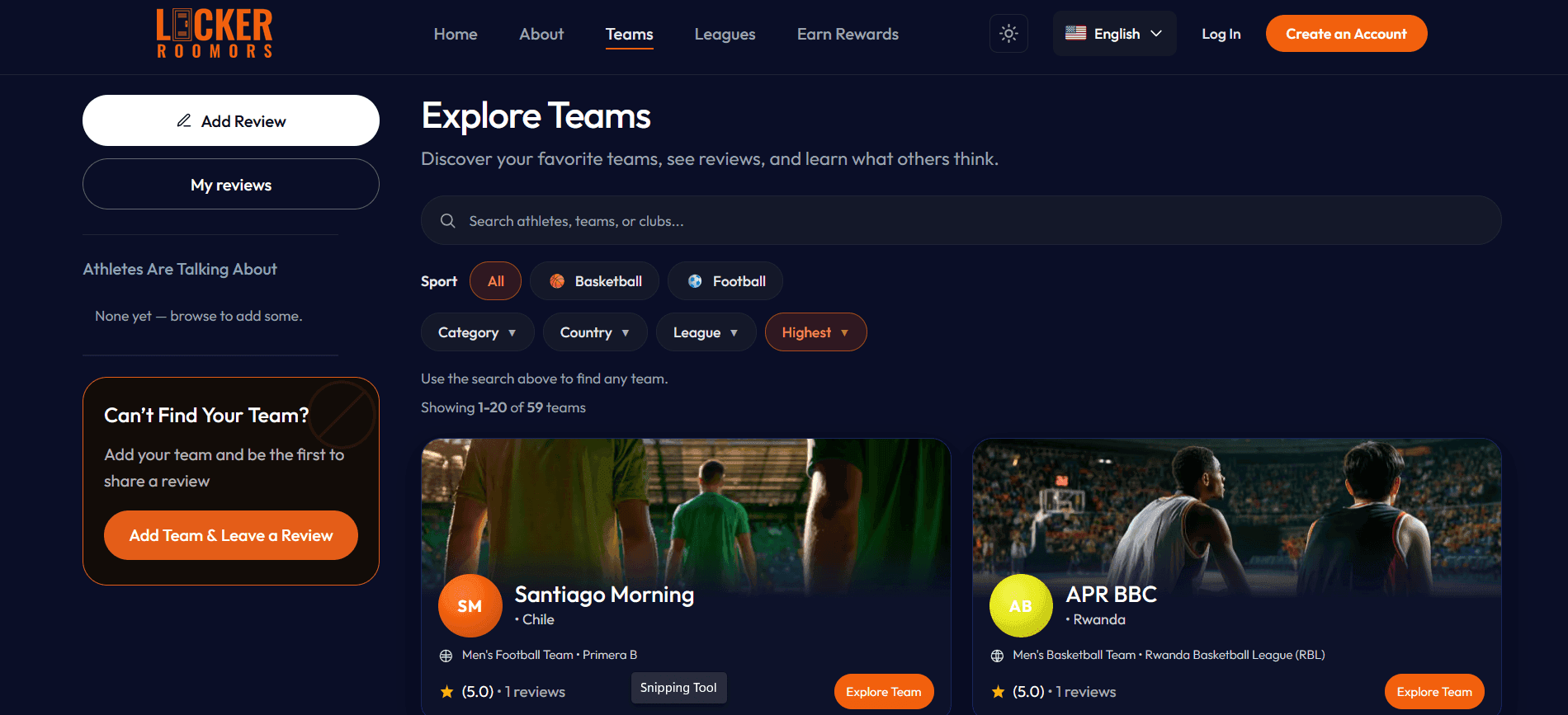 Lockerroomors teams browse with filters