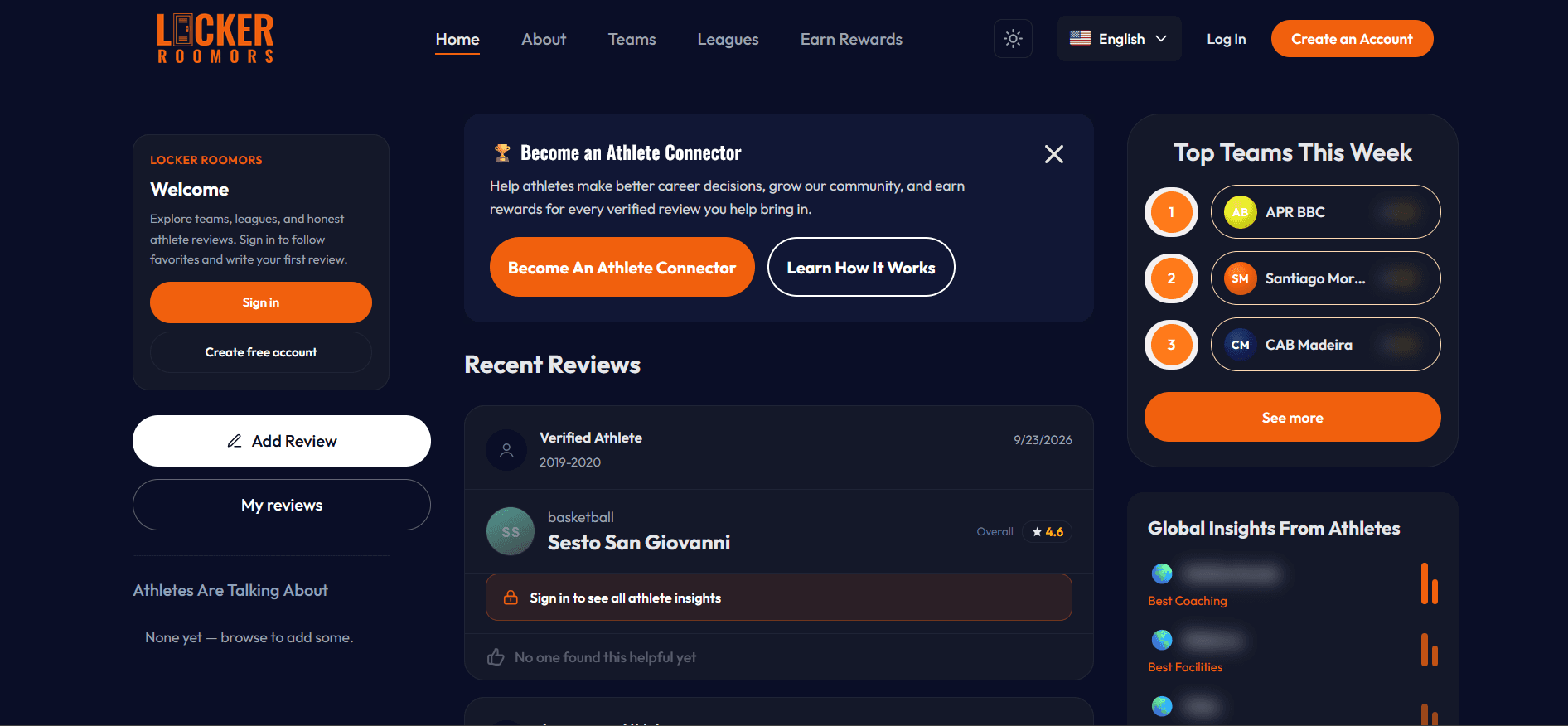 Lockerroomors home dashboard with reviews and rankings