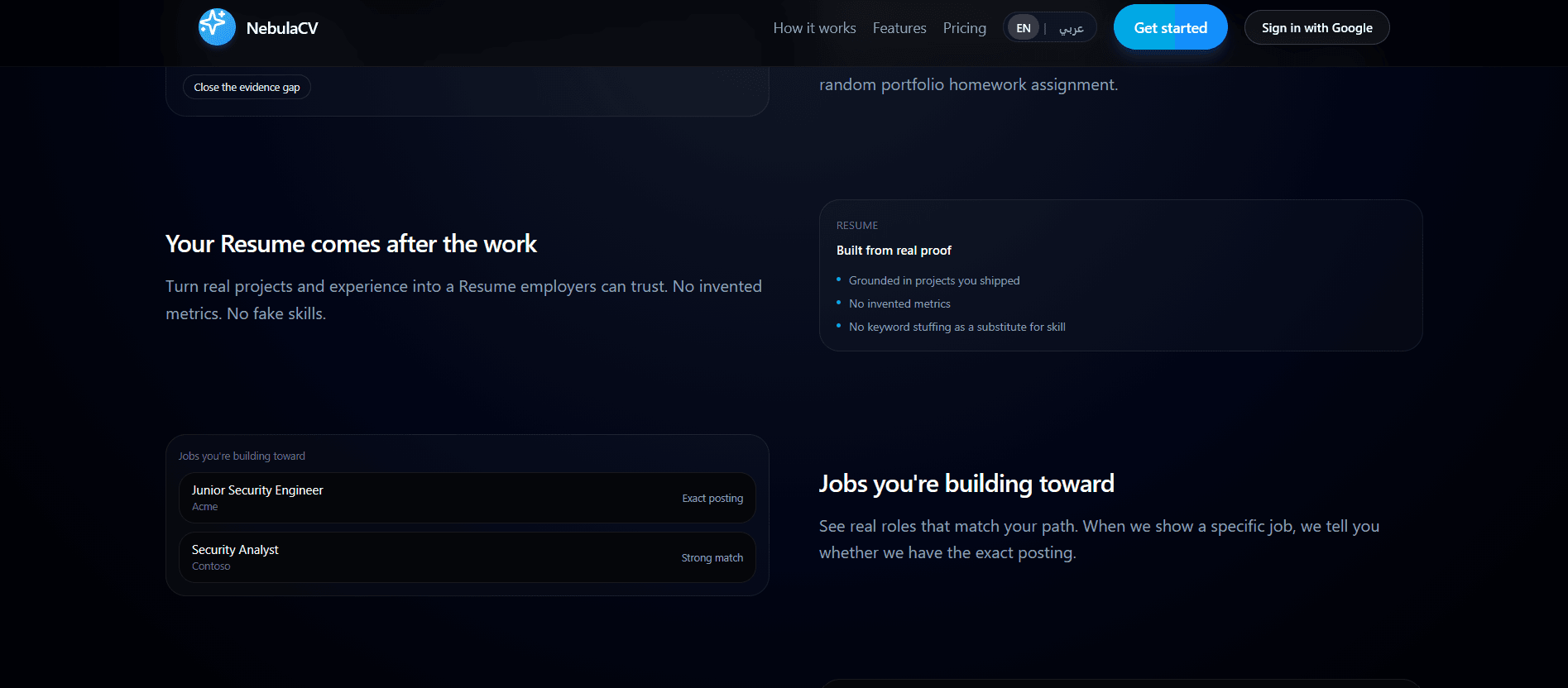 NebulaCV landing page feature sections
