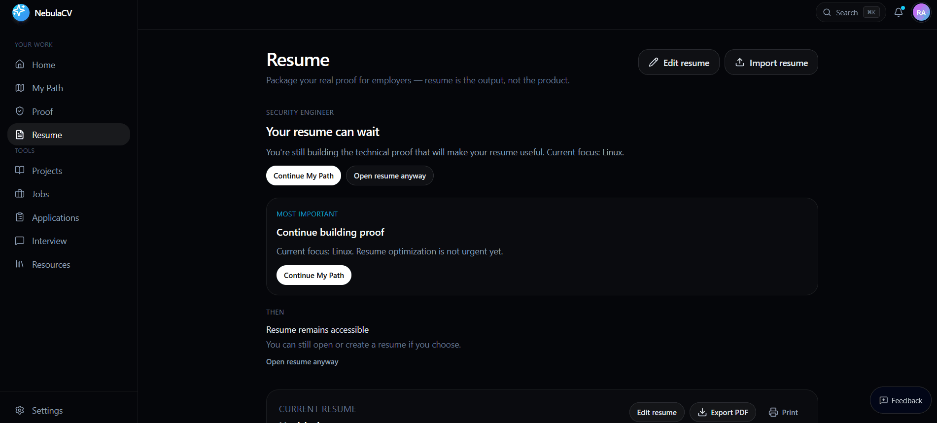 NebulaCV resume guidance screen